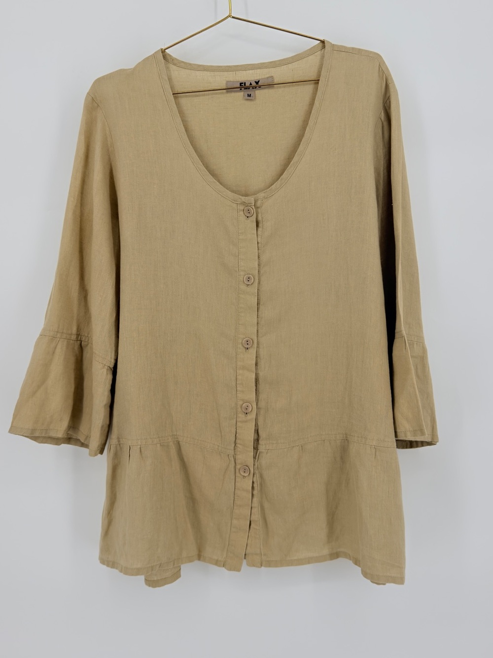 FLAX 100% Linen Tan Button Front Tunic Top Bell Sleeve Size M